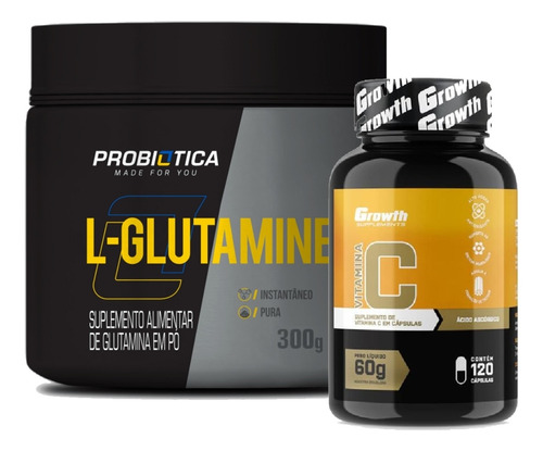 Glutamina Pura 300g Probiotica + Vitamina C 120 Caps Growth