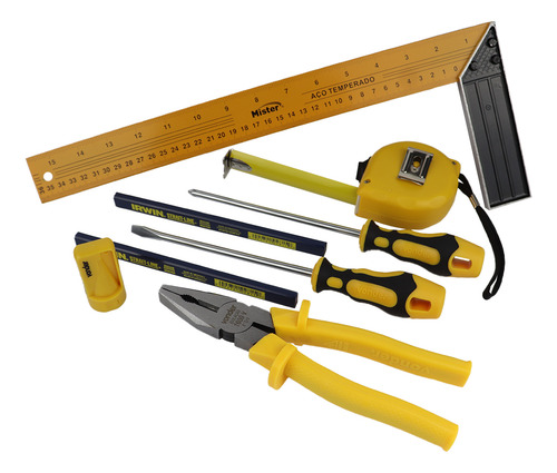 Kit Ferramentas 8 Peças Carpinteiro C/ Lápis Esquadro Trena