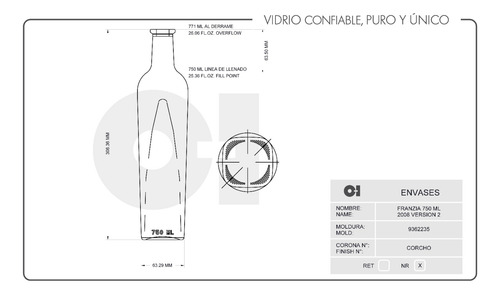 Botella De Vidrio Franzia 750 Ml Con Corcho 12 Piezas/mezcal