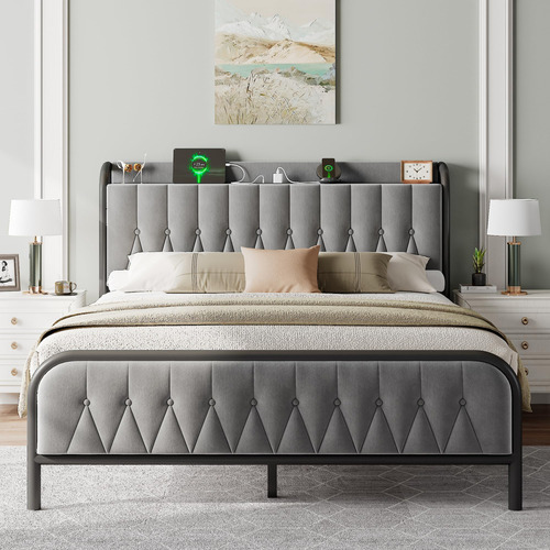 Base De Cama Matrimonial Terciopelo Con Estación De Carga