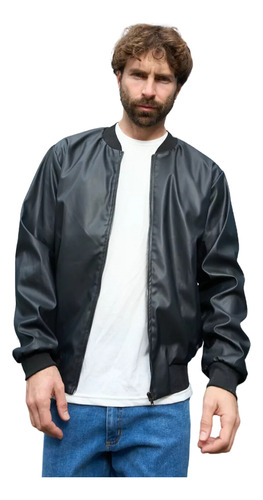 Campera Bomber Cuero Lisa Cara Cruz Jeans Negra Básica