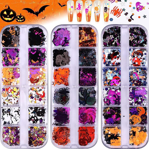 Ebanku 3 Cajas Halloween Nail Art Glitter Selentejuelas, 3d 