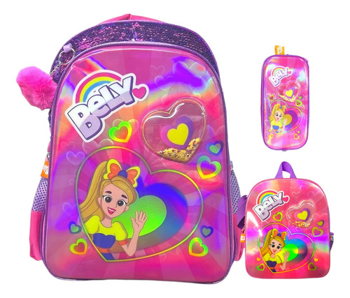 Kit Mochila Bely Primaria Niña Prinss Lentejuela Orignal Color Bely Rosa Pk Diseño De La Tela 3d