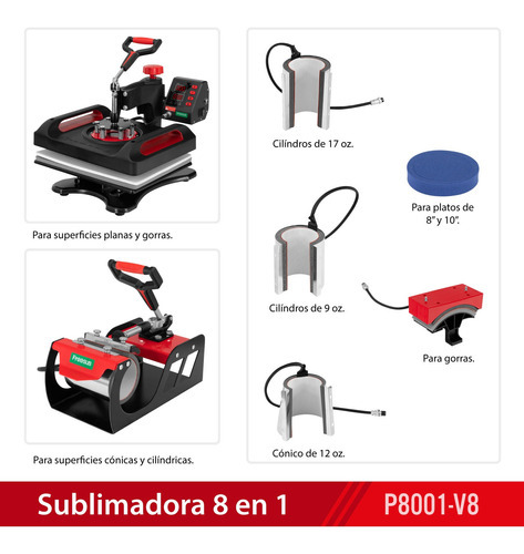 Plancha De Sublimación Combo 8 En 1 Playera Taza Gorra Plato Color Negro/rojo
