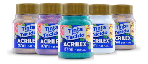 Kit 5 Tinta Glitter Para Tecido 37ml Acrilex