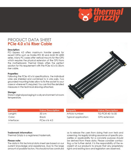 Imagen 5 de 7 de Cable Pci-e Riser 4.0 X16 30cm Thermal Grizzly El Mas Rapido