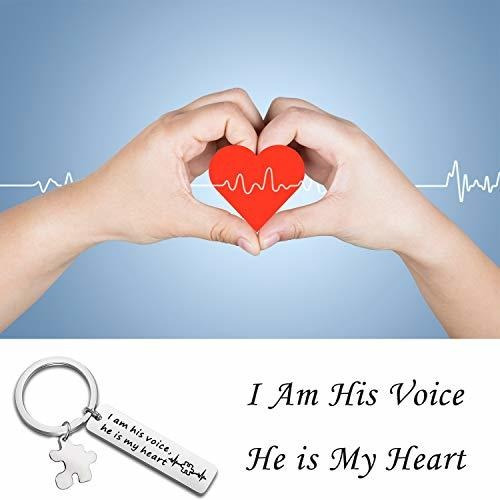 QIIER Autism Awareness Keychain I Am His Voice He is My Heart Keychain with Puzzle Piece Charm Autism Mom Gift 