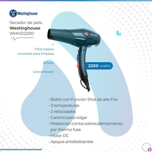 Imagen 2 de 10 de Secador De Pelo Westinghouse 2000w 3 Temperaturas Full