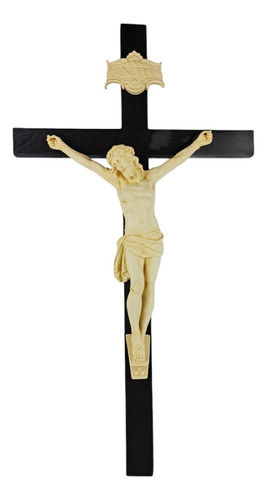Imagem 1 de 6 de Crucifixo Tradicional Madeira Imagem Resina Cor Marfim 70cm