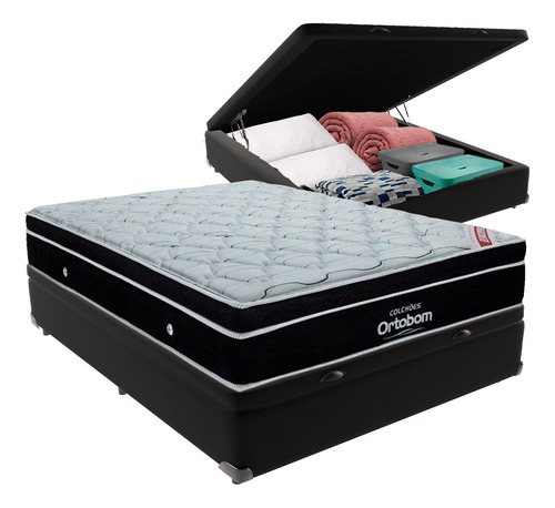 Cama Box Baú Casal Preto + Colchão Elegant Molas Ortobom