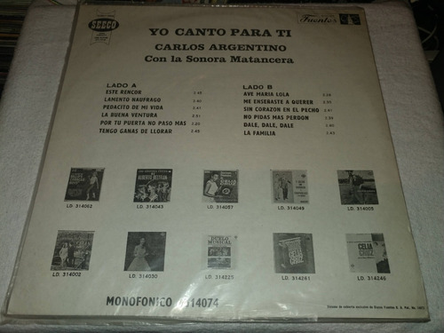 Lp Carlos Argentino Con La Sonora Matancera Yo Canto Para Ti (Usado)
