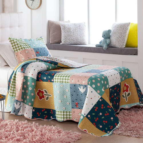 Colcha Infantil Teen Cobre Leito Solteiro 2 Peças Patchwork Cor Flores