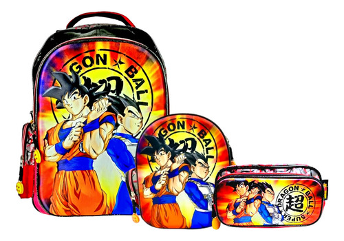 Kit Combo Mochila Dragon Ball 3d Super Goku Vegeta Primaria Color Negro