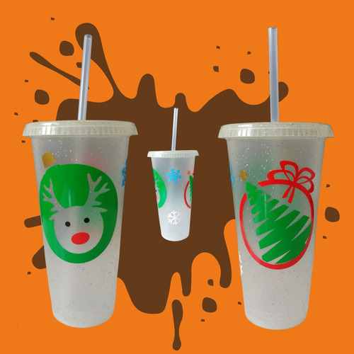 Vaso Personalizado Diseño Reno Y Arbol Navidad Con Popote