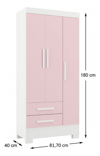 Guarda-roupa Infantil Sonho 3 Portas 2 Gavetas Branco/rosa Cor Rosa