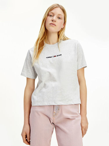 Polera Cropped Logo Bordado Mujer Gris Tommy Jeans E2