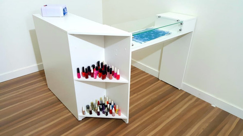 Mesa L Recepção Vidro Esmalteiro Atendimento Cor Branco