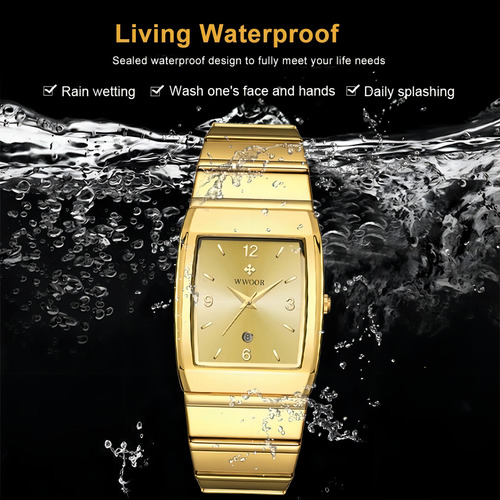 Relógio de pulso analógico Wwoor 8888 para homens, fundo branco, com pulseira colorida de aço inoxidável, moldura dourada prateada e fivela simples