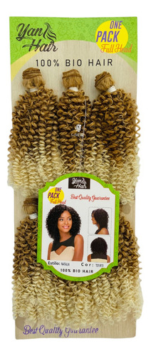 Promoción de cabello rizado orgánico sobre lienzo y color miel tostado con platino californiano T27/613