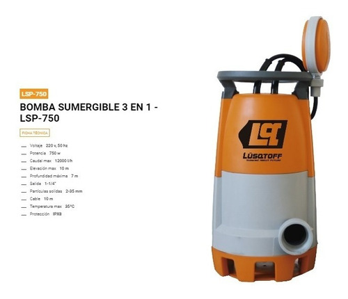 Bomba De Agua Sumergible Elevadora Desagote Lusqtoff Lsp-750
