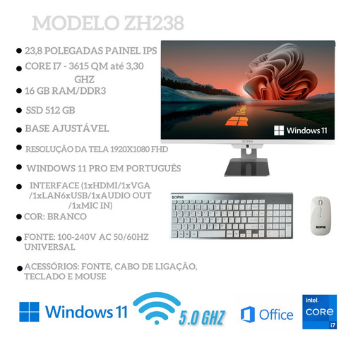 Computador Completo Intel I5 All In One 16gb Ssd256gb Wifi Cor Branco Webcam Tela 23,8pol Full HD
