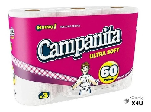Rollo Cocina Campanita Ultrasoft 3 X 60 Paños Pack X4 