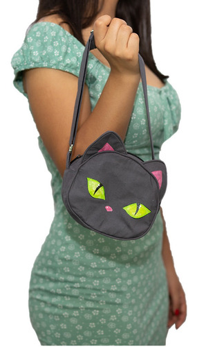 Imagen 7 de 10 de Bolso Tipo Cross Body En Forma De Gato Color Gris