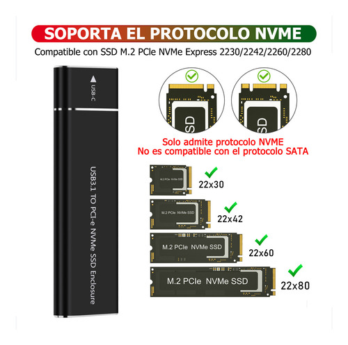 Case Gabinete Disco Duro Ssd 10gbps M.2 Nvme Tipo C Usb 3.1 Samget Color Negro