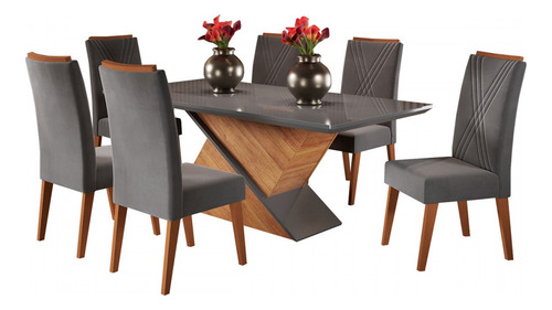 Mesa De Jantar 6 Lugares Stela Com Vidro Mel/cinza/grafite - Pés Cinza