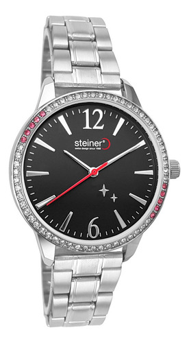 Reloj Steiner Análogo Extensible Plateado Acero Inox. 3atm Fondo Negro
