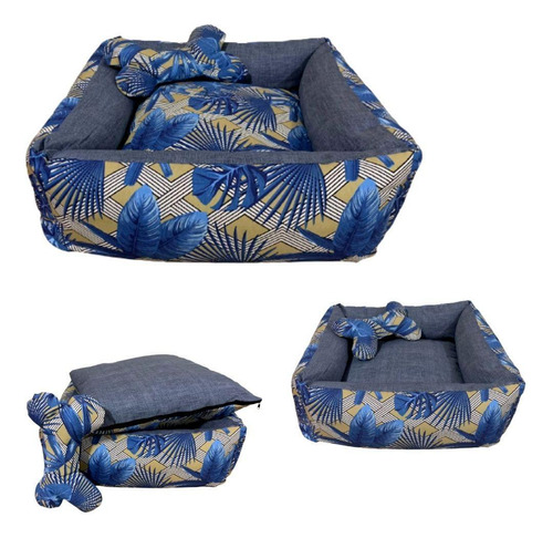 Cama Impermeável Com Travesseiro Para Cães E Gatos Azul P
