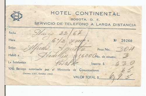 Factura Hotel Continental Bogotá Colombia 1967