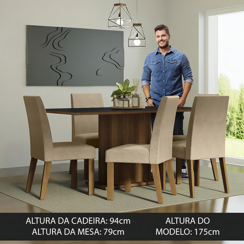 Mesa de Comedor con 6 Sillas Renata Madesa Color Rústico/Negro/Imperial Diseño de Tela Lisa