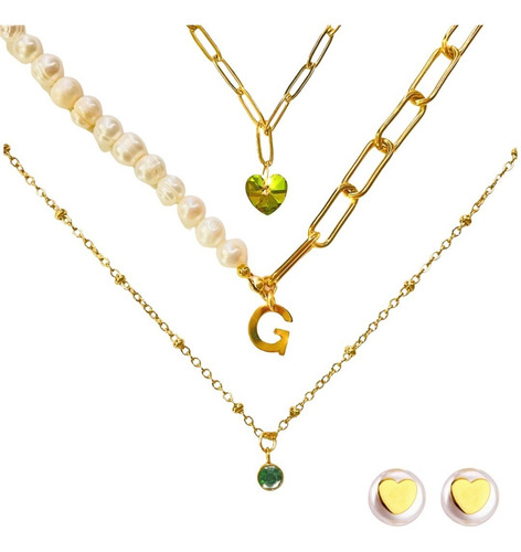 Layers 3 Collares Personalizados Inicial Mes Perlas + Aretes