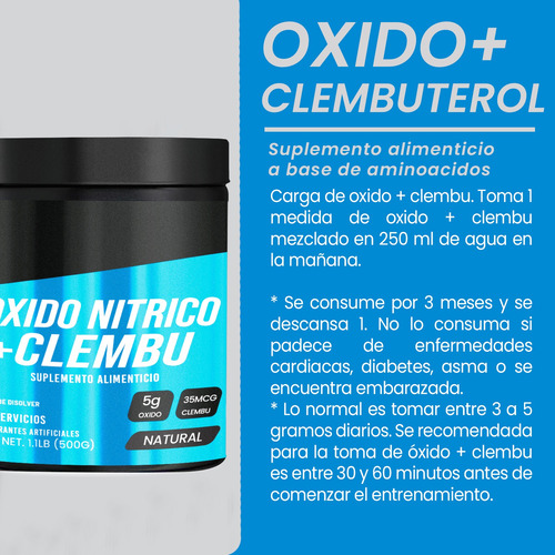 Oxido Nítrico + Clembu Polvo Pre Entreno Psn 500g 100 Servs Natural