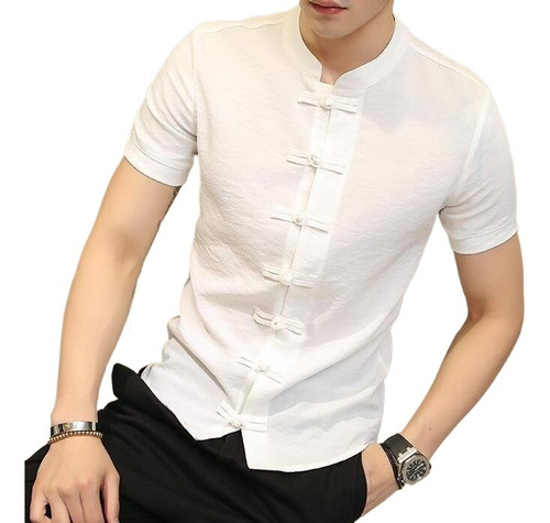 Camisa Manga Corta Con Cuello Mao Y Botones Para Hombre