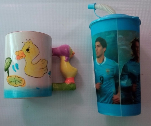 Lote De Vaso Con Suárez Y Forlán De Fútbol Y Taza Infantil 