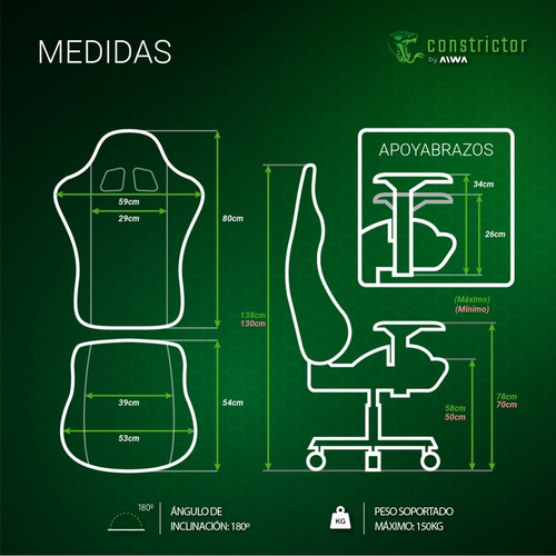 Silla de escritorio Constrictor Superciliosa SIC-3001 gamer ergonómica negra con tapizado de cuero sintético y poliuretano