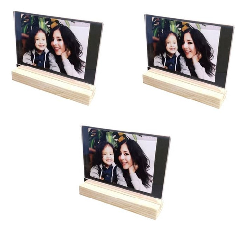 3 Pack.porta Fotos /menú. Acrílico Transparente, Base Madera