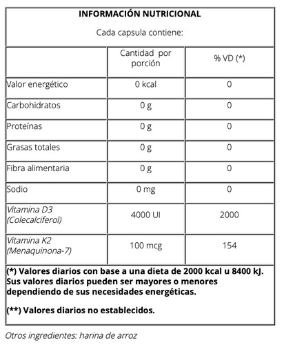 Natier Vitamina K2 + D3 Huesos Y Dientes X 50 Capsulas Sabor Neutro