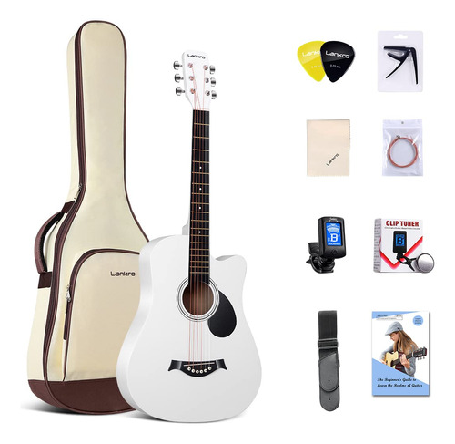 Lankro Guitarra Acústica Blanca De 38 Pulgadas, Kit Para P.