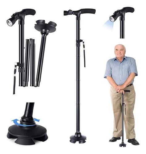Baston Plegable Para Caminar Con Luz Led Y 4 Puntos De Apoyo