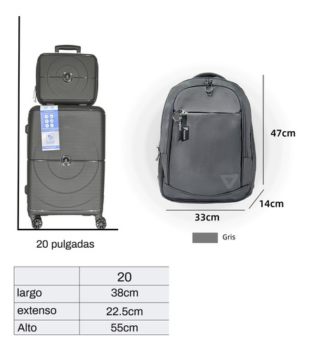 Set 3 Maletas De Viaje 20+12 In+35l Mochila Equipaje De Mano Gris Gris