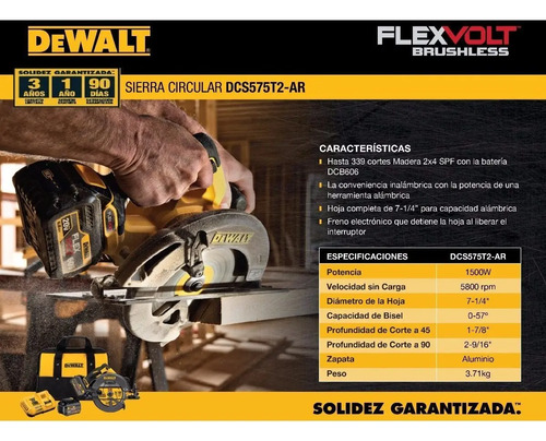 Sierra Circular Inalambrica 71/4 Flex Volt 60v Dewalt Dcs575 | Envío gratis