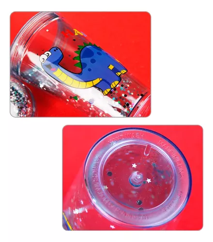 Vaso transparente con diseño de dinosaurio, tapa y popote con decoración de  corona, variedad de diseños / meo-706