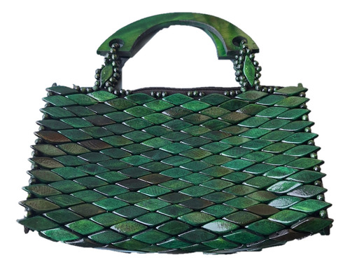 Bolsa Artesanal Peças Madeira Envernizada Verde, Alça Curta