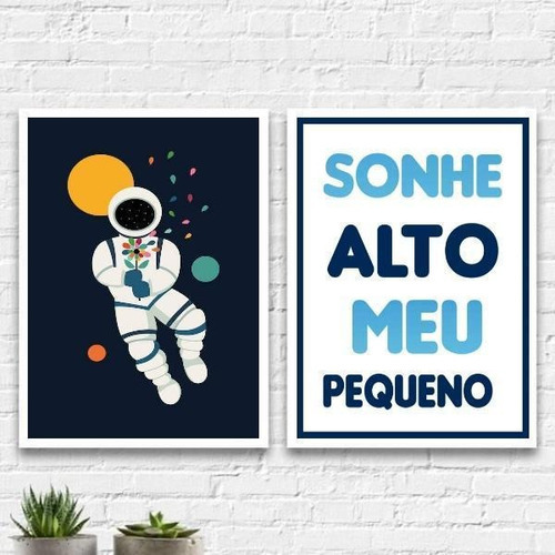 Kit 2 Quadros Quarto Criança Astronauta 24x18cm - Com Vidro