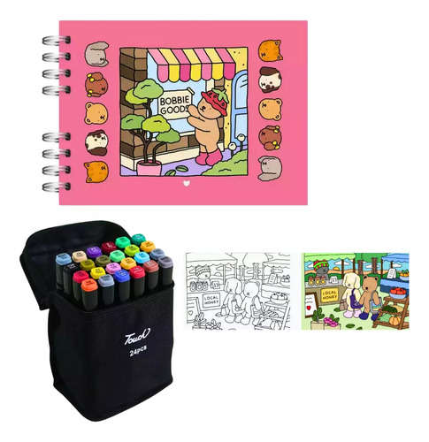 Livro Colorir Bobbie Goods + Kit 24 Canetas Coloridas Artes Rosa