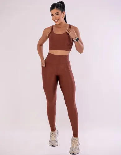 Conjunto Legging Fitness C/ Bolso Roupa Academia Esportivo Marrom Liso M
