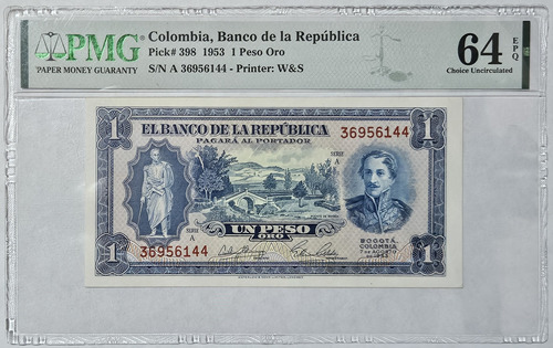 Billete Certificado 1 Peso 07/ago/1953 Pmg 64epq